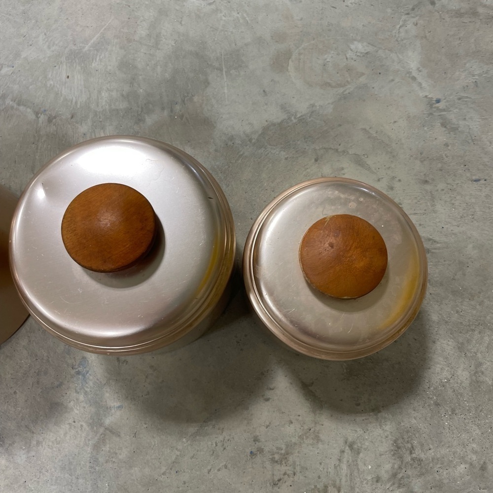 Vintage Mirro Aluminum Rose Gold Copper Canister Set of 3 Nesting MCM Wood Knob - Picture 5 of 7